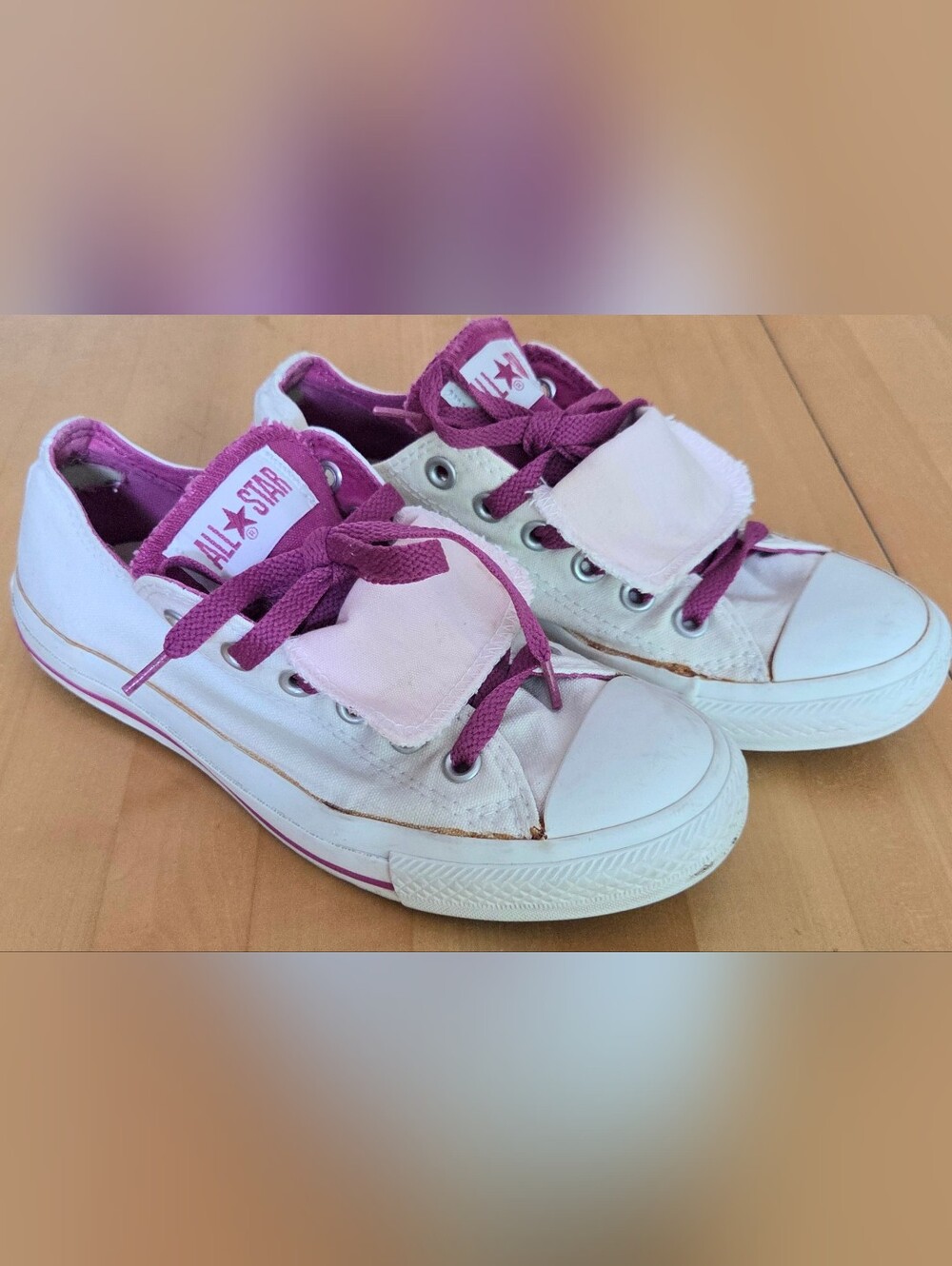 CONVERSE ALL STAR SNEAKERS Women's Sz 7 DISTRESSED WORN White Pink Double Tongue